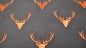 Preview: Stick-His, gestickte Hirsch, Deco-Line Eigenproduktion, Polstervelour mit gestickten Hirschköpfen, gestickte Hirschgeweihe, Möbelstoff mit Hirschköpfen,  Polsterstoff, gelasert,  Velourstoff schwarz mit orangenen Hirschen, schwarzer Polstervelour mit Oran