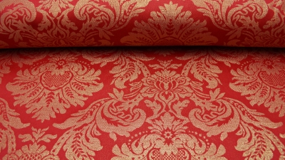 Jacquard rot gold Interieurstoff festlicher Jacquard in rot-gold , Polyester-Jacquard mit Gold Lurex, Weihnachtsstoff für den Tisch Vorhänge - Dekostoff - auch für mittelalterliche Kostüme - Gewandungen - altes Jacquardmuster  mit Gold Vorhangstoff mit Go