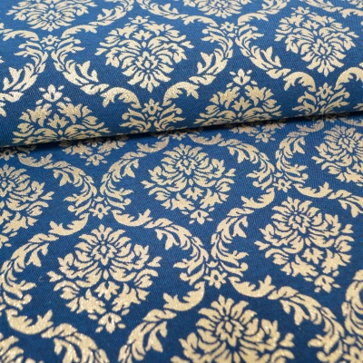 Blauer Jacquardstoff mit Gold Raso Lurex Jacquard blau gold Gold Dekostoff Gardinenstoff Rankenstoff Blumenstoff  Ornamentenmuster Barockstoff Etuistoff Polsterungen Mittelalter Kostüme Ornamentsstoff Gewandungen Jacquardmuster Ranken Lurex Blau Gold