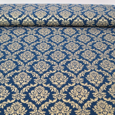 Blauer Jacquardstoff mit Gold Raso Lurex Jacquard blau gold Gold Dekostoff Gardinenstoff Rankenstoff Blumenstoff  Ornamentenmuster Barockstoff Etuistoff Polsterungen Mittelalter Kostüme Ornamentsstoff Gewandungen Jacquardmuster Ranken Lurex Blau Gold