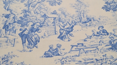 Toile de Jouy Pastorale französischer Landhausstil Dekostoff, Digitaldruck, naturgrundig blau Landhauss Stoff mit Landhausidyll, das Fest  bäuerliches Fest Stoff Porcellan, Porzellan Meissen