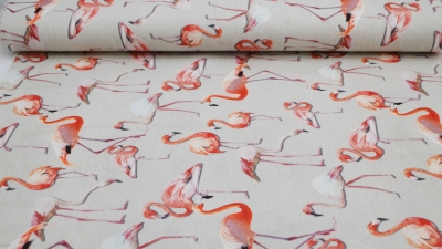 Beiger Dekostoff mit Flamingos, Flamingostoff, maritim