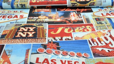 Viva Las Vegas, Las Vegas Stoff , L. A. L. A. Werbung Nevada,  Dekostoff , USA Tischdeckenstoff Polsterstoff