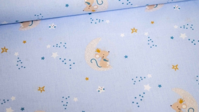 1138 Domotex Lena Maus GOTS hellblau babyblau pastellblau Biostoff Babystoff mit Maus Mäuse Mäuseprinzessin Mond Sterne weiß Biobaumwolle Kinderstoff mit Maus Mäuschen  Baumwolle hellblau babyblau pastellblau