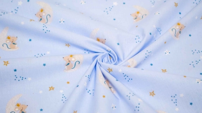 1138 Domotex Lena Maus GOTS hellblau babyblau pastellblau Biostoff Babystoff mit Maus Mäuse Mäuseprinzessin Mond Sterne weiß Biobaumwolle Kinderstoff mit Maus Mäuschen  Baumwolle hellblau babyblau pastellblau