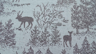 Jacquard, Polyester-Jacquard Stoff für Polsterungen Vorhänge Dekostoff Jacquard grau silber mit Wald Reh Hirsch  Bäumen  Vorhangstoff beidseitiger Vorhangstoff Jacquard