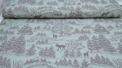 Jacquard, Polyester-Jacquard Stoff für Polsterungen Vorhänge Dekostoff Jacquard grau silber mit Wald Reh Hirsch  Bäumen  Vorhangstoff beidseitiger Vorhangstoff Jacquard