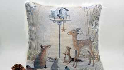 Winterpanel Tierweihnacht Vogel mit Stern  Bambi Rehkitz Gobeline Panel Gobeline Winterlandschaft Panel mit Lurex Fuchs Hase Eichhörnchen Panel