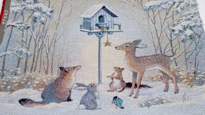 Winterpanel Tierweihnacht Vogel mit Stern  Bambi Rehkitz Gobeline Panel Gobeline Winterlandschaft Panel mit Lurex Fuchs Hase Eichhörnchen Panel