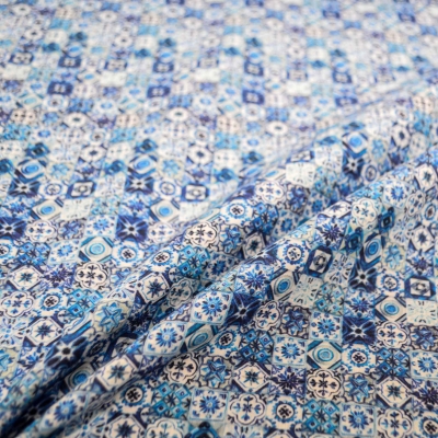 Blauer Stoff mit Kacheln Tiles Kachelstoff Kachelmuster blau Karos Kacheln arabesque orientalisch Stoff Baumwollstoff