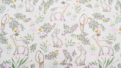 1060-Domotex Wila Reh Rehe Rehlein Hase Hasen Taube Taubenstoff Kinderstoff Baumwolle Baumwollstoff Dekostoff mit Reh und Hase weiß off white