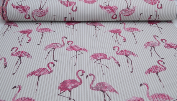 Jacquard Flamingo, Flamingostoff, Flamingos, mehrfarbig, gestreift, beige, bordeaux, Polyester-Jacquard, beige,Dekostoff, eidseitig verwendbar, gestreift