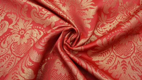 Jacquard rot gold Interieurstoff festlicher Jacquard in rot-gold , Polyester-Jacquard mit Gold Lurex, Weihnachtsstoff für den Tisch Vorhänge - Dekostoff - auch für mittelalterliche Kostüme - Gewandungen - altes Jacquardmuster  mit Gold Vorhangstoff mit Go