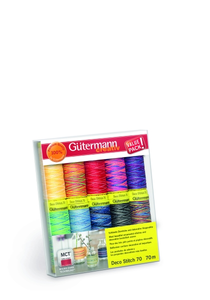 Deco Stitch 70 Col. 3 Multicolour Garnset zum Sparpreis Nähfaden Set Gütermann Ziergarn mit Farbverlauf und uni, Nähgarn, Nähfaden, Garnspulen, Faden, Nähfaden Allesnäher Qualitätsgarn Gütemann 70m Multicolour Gütermann creativ Deco Stitch 70 70 m, Art. 7