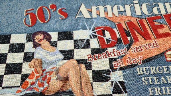 Panel Gobelin American Diner Pin Up Girl Gobelin Panel Breakfast served all day Panel Stoff mit US Diner Werbung  Dekostoff USA Gobelin USA kissen Einkaufstasche Kissen selber nähen