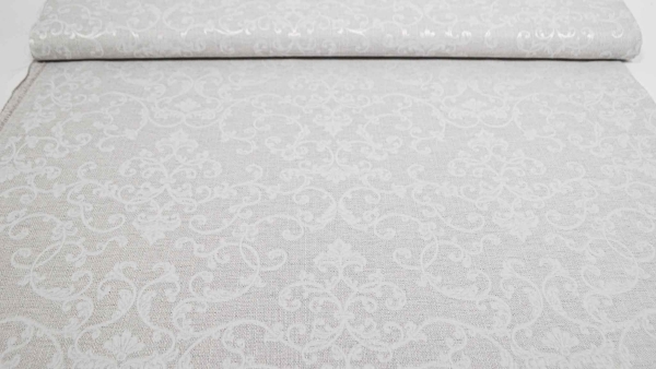 silberner Jacquad Baumwolle Tischdeckenstoff 165 cm  Rankenstoff Ornamente in Grau Dekostoff Barock barockes Blumendesign