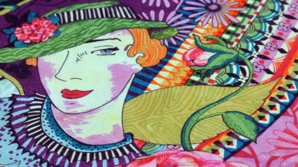 Edith Dekostoff Dame mit Hut, Blumenstoff  Blättern  Sommerstoff für Tischdecken und Kissen