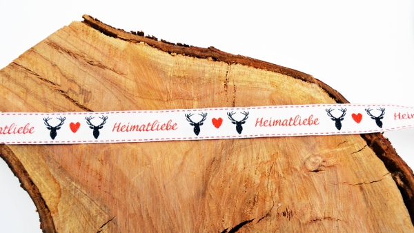 Heimatliebe weiß Webband weißgrundig weißes Webband  mit Heimat, Hirsch und Herz Herzwebband Schwarzwald Design Zierband mit Heimatliebe Band mit Herzen Trachtenband - Trachtenborte Schwarzwald  Webband mit Hirsch und Herz Heimat