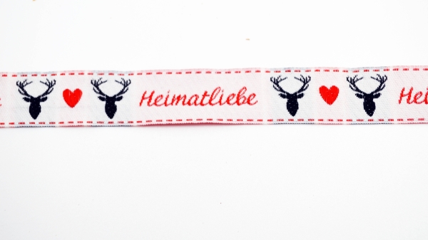 Heimatliebe weiß Webband weißgrundig weißes Webband  mit Heimat, Hirsch und Herz Herzwebband Schwarzwald Design Zierband mit Heimatliebe Band mit Herzen Trachtenband - Trachtenborte Schwarzwald  Webband mit Hirsch und Herz Heimat