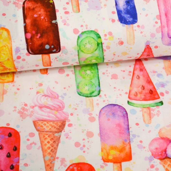 Popeline Baumwolle Ice Cream Eis am Stil Stoff mit Eistüten Eis Eisstoff