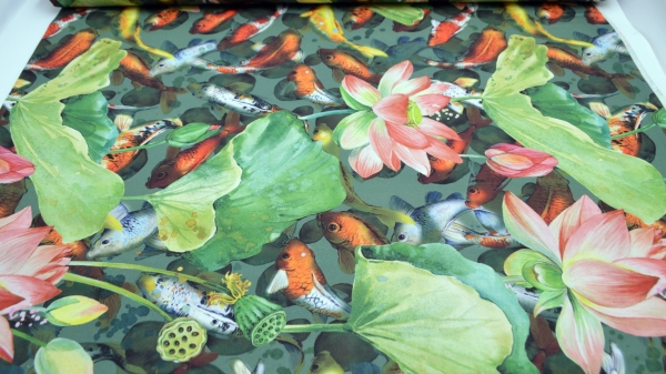 Koistoff, Fische, Stoff mit Kois, Koi, Dekostoff mit Koi Stoff mit Koi Koistoff Stoff mit Fischen Goldfische Fischstoff Seerosen Seerosenstoff Seerose mit Blüte