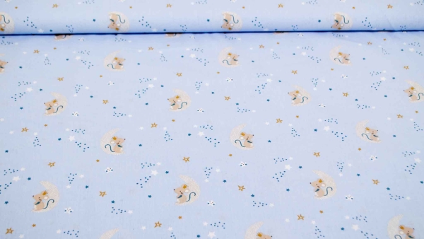 1138 Domotex Lena Maus GOTS hellblau babyblau pastellblau Biostoff Babystoff mit Maus Mäuse Mäuseprinzessin Mond Sterne weiß Biobaumwolle Kinderstoff mit Maus Mäuschen  Baumwolle hellblau babyblau pastellblau