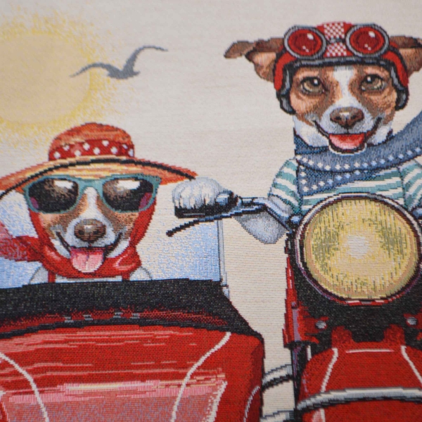 Hunde Sommer Urlaub Let's go for a ride Ausflug Hunde Motorrad mit Soziussitz Hund Gobi Panel Gobelin Kissen Panel rot Gobelin Panel Gobelin Kissen