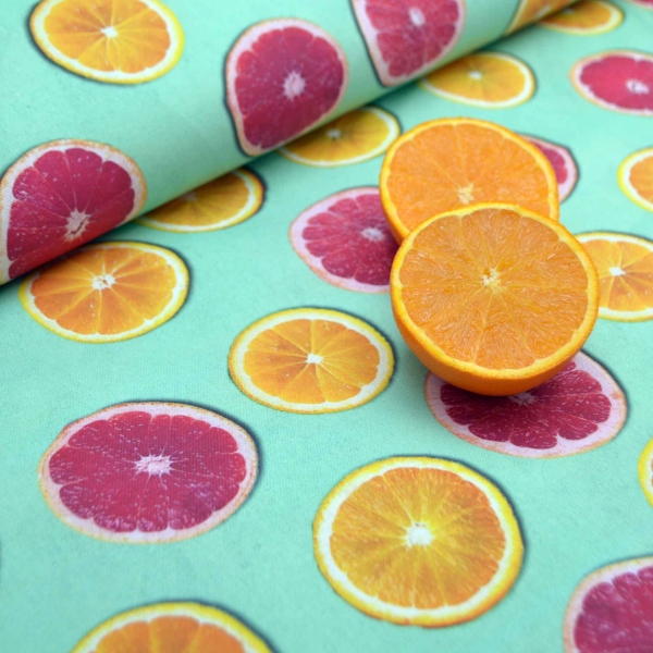 Dekostoff, Digitaldruck, Orangenstoff Stoff mit Orangen Blutorange Orangenscheiben  Früchtestoff Obststoff Stoff mit Orangenscheiben in Mint Digitaldruck