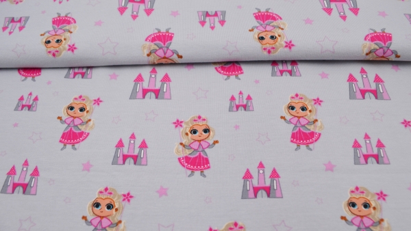 Fee Zauberfee Prinzessin  Kinderjersey Prinzessinersey mit Schloss in hellgrau pink  Jerseystoff  Jersey mit Fee und Schloss Zauberfee Prinzessin Kinderjersey Jersey für Kinder Jersey für  Mädchen  Baby Jersey  Baumwolljersey, nähen für Babys nähen für Ki