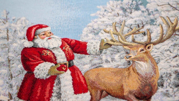 Weihnachtspanel Weihnachten Winterpanel Hirsch Santa mit Hirsch Weihnachtsmann Nikolaus mit Hirsch Tierweihnacht Santa Santa Claus Weihnachtsmann im Wald Gobeline Panel Gobeline Winterlandschaft Panel xmas Weihnacht Santa Santa Claus Nikolaus Weihnachtsma