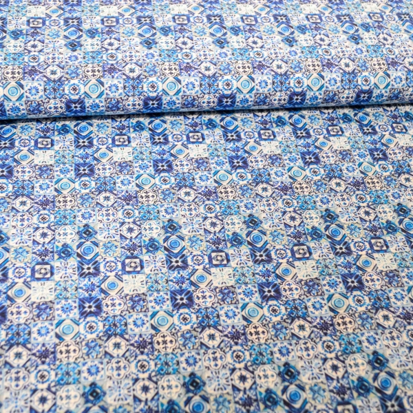 Blauer Stoff mit Kacheln Tiles Kachelstoff Kachelmuster blau Karos Kacheln arabesque orientalisch Stoff Baumwollstoff