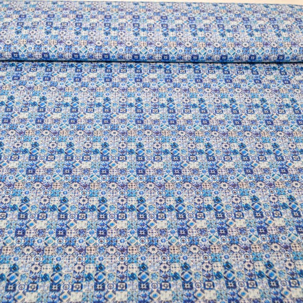 Blauer Stoff mit Kacheln Tiles Kachelstoff Kachelmuster blau Karos Kacheln arabesque orientalisch Stoff Baumwollstoff