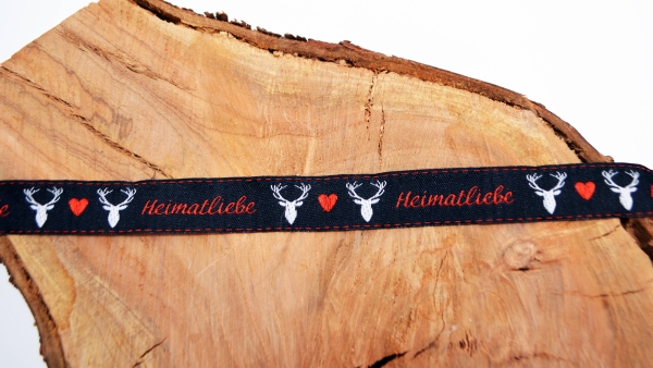 Heimatliebe schwarzes  Webband schwarzgrundig Webband  mit Heimat, Hirsch und Herz Herzwebband Schwarzwald Design Zierband mit Heimatliebe Band in schwarz mit Herzen Trachtenband - Trachtenborte Schwarzwald  Webband mit Hirsch und Herz Heimat