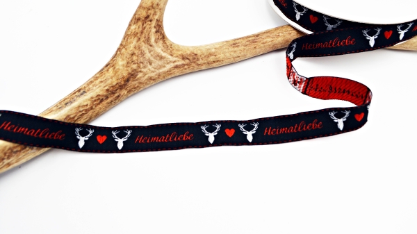 Heimatliebe weiß Webband weißgrundig weißes Webband  mit Heimat, Hirsch und Herz Herzwebband Schwarzwald Design Zierband mit Heimatliebe Band mit Herzen Trachtenband - Trachtenborte Schwarzwald  Webband mit Hirsch und Herz Heimat