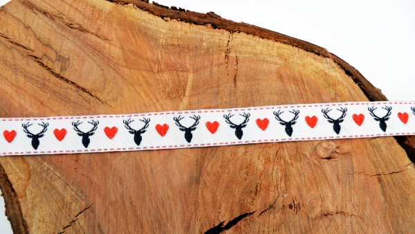 Webband Landhausstil, Heimat Webband weißgrundig weißes Webband  mit Hirsch und Herz Herzwebband Schwarzwald Design Zierband mit Heimatliebe Band mit Herzen Trachtenband - Trachtenborte Schwarzwald  Webband mit Hirsch und Herzliebe