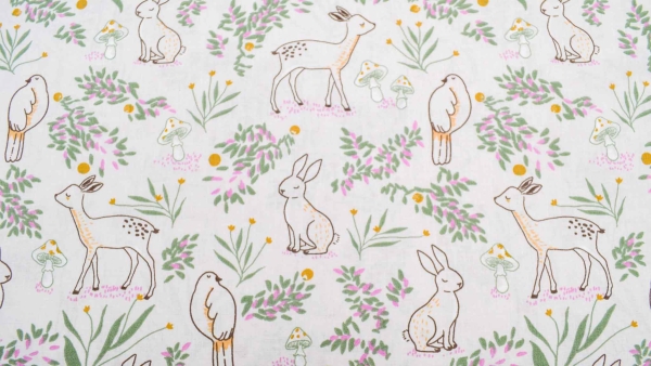 1060-Domotex Wila Reh Rehe Rehlein Hase Hasen Taube Taubenstoff Kinderstoff Baumwolle Baumwollstoff Dekostoff mit Reh und Hase weiß off white