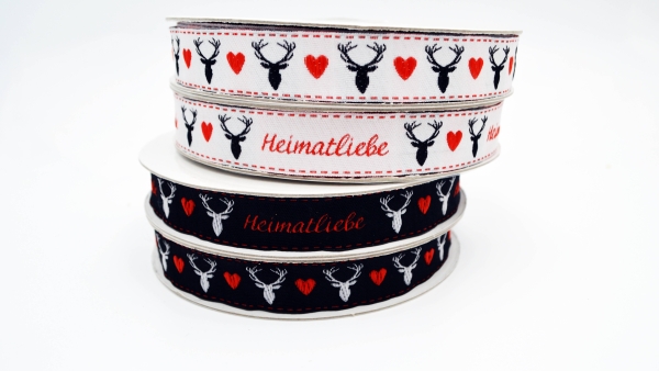 Webband weißgrundig weißes Webband  mit Hirsch und Herz Herzwebband Schwarzwald Design Zierband mit Heimatliebe Band mit Herzen Trachtenband - Trachtenborte Schwarzwald  Webband mit Hirsch und Herz