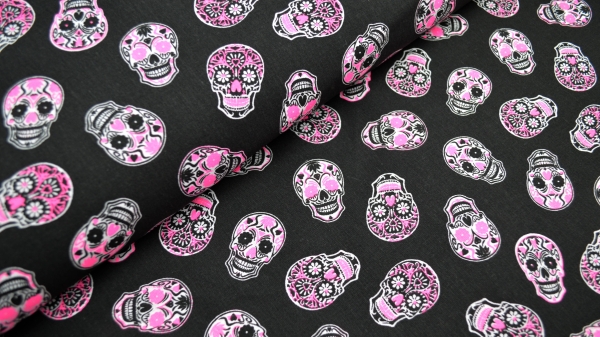 Mares Funny Skulls Fluor Pinker Totenkopf Totenkopfstoff pink Skulls in PINK grinsender Totenkopf Baumwollstoff mit Totenköpfen Viva Mexico Dia de Muertos