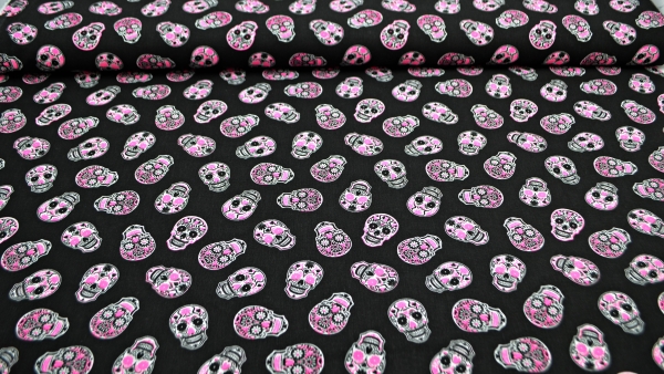 Pinker Totenkopf Totenkopfstoff pink Skulls in PINK grinsender Totenkopf Baumwollstoff mit Totenköpfen Viva Mexico Dia de Muertos