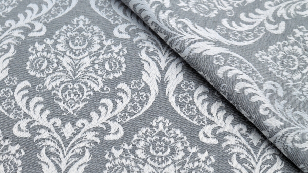 grauer Interieurstoff Jacquard, Polyester-Jacquard, idealer Stoff für Polsterungen - Vorhänge - Dekostoff - auch für mittelalterliche Kostüme - Gewandungen - altes Jacquardmuster mit Blumendesign - Rankendesign - Vorhangstoff mit Blumenmuster Stoff mit Or